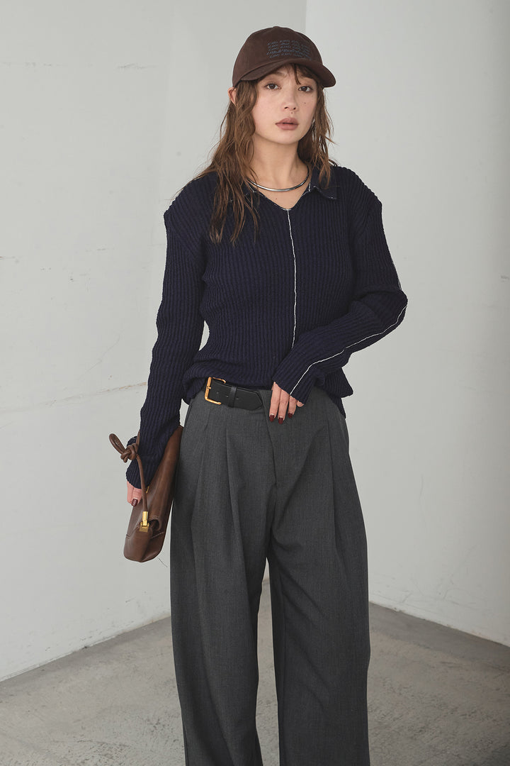 [SET]衿付きニットプルオーバー+サイドベルトタック入りスラックス(2set)