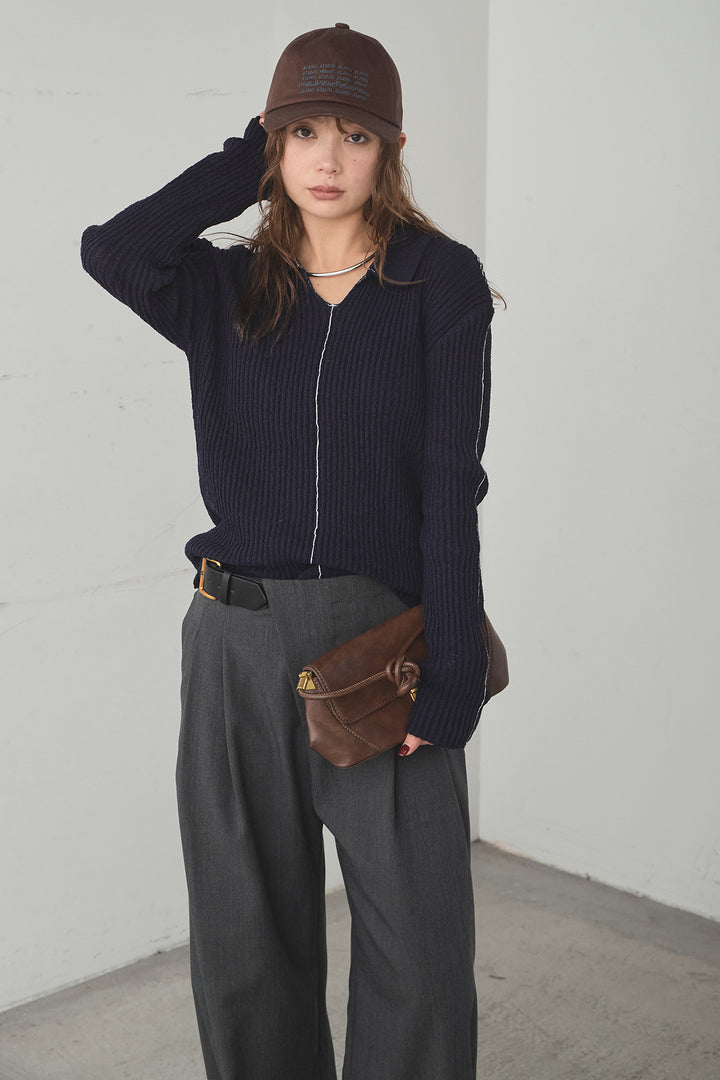 [SET]衿付きニットプルオーバー+サイドベルトタック入りスラックス(2set)