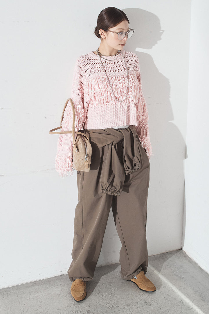 [SET]メッシュフリンジ切り替えプルオーバー+合繊ツイルスタンドウエスト巻きジョガーパンツ(2set)