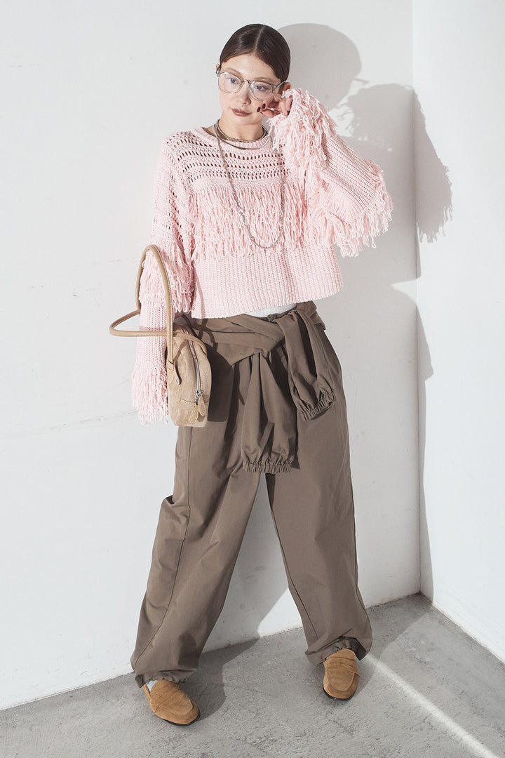 [SET]メッシュフリンジ切り替えプルオーバー+合繊ツイルスタンドウエスト巻きジョガーパンツ(2set)