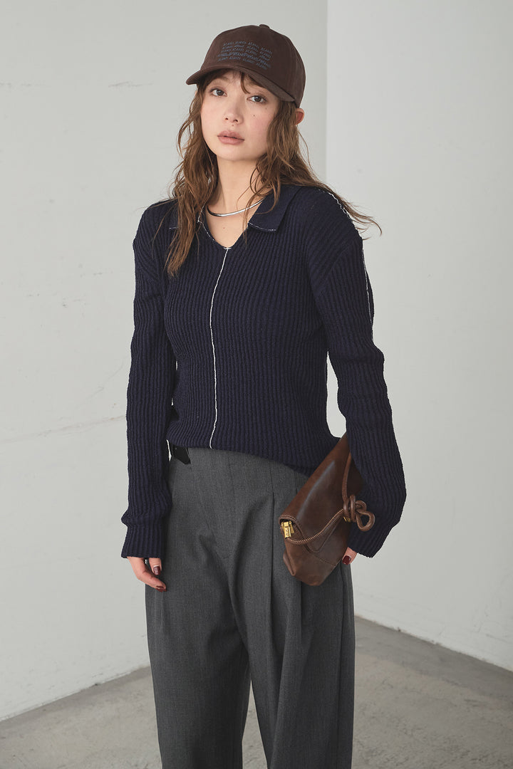 [SET]衿付きニットプルオーバー+サイドベルトタック入りスラックス(2set)