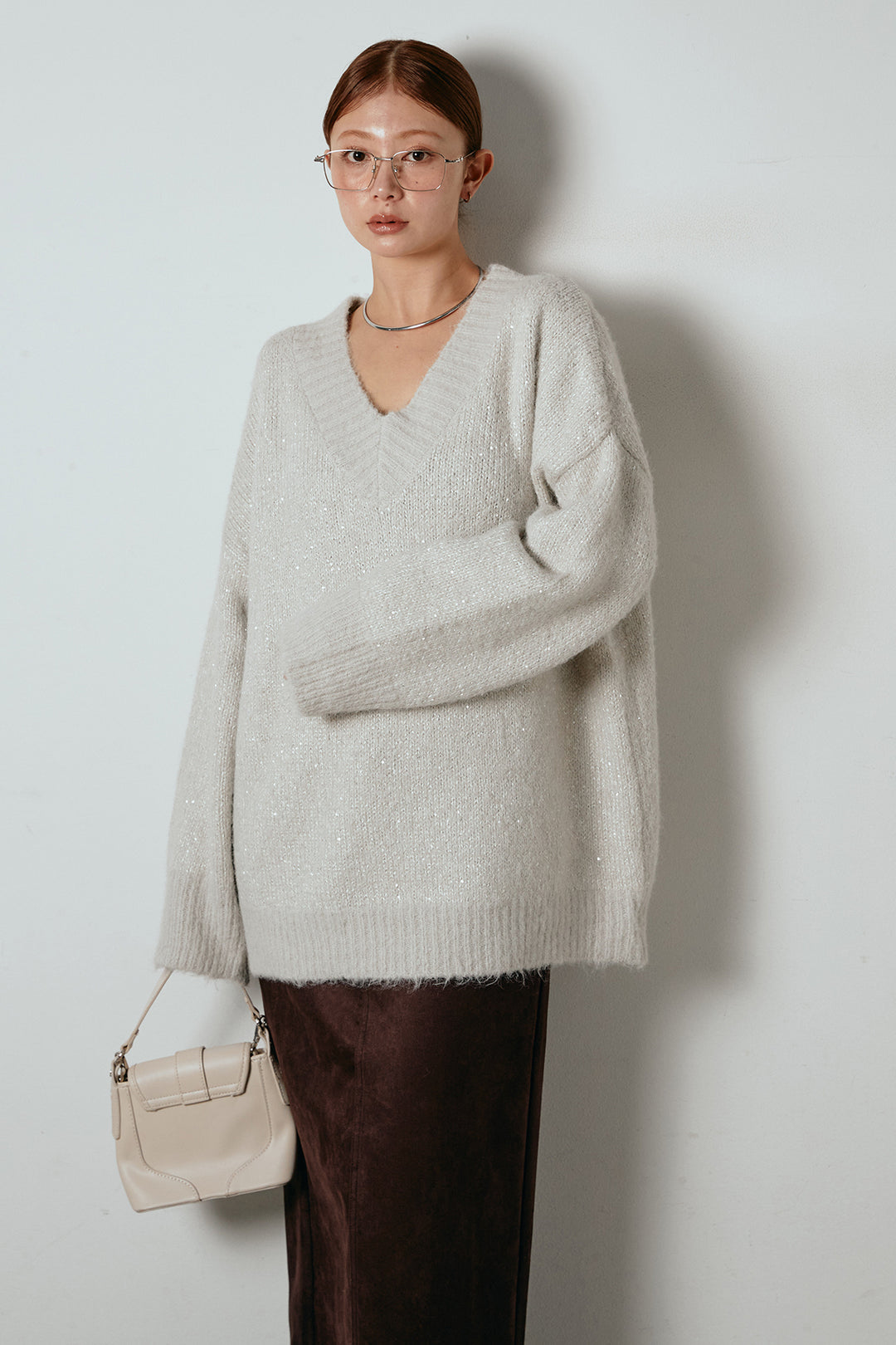 [SET]Vネックルーズラメニットトップス+スウェードライク裾フリンジスカート(2set)