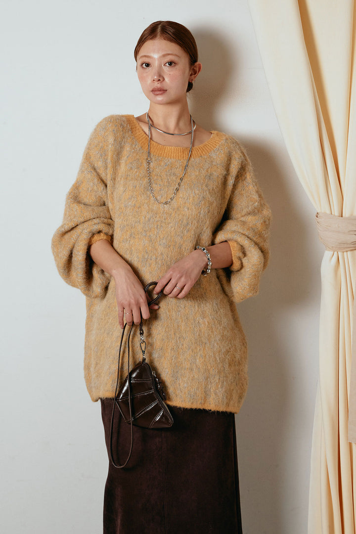 [SET]ボリュームスリーブミックスニットトップス+スウェードライク裾フリンジスカート(2set)