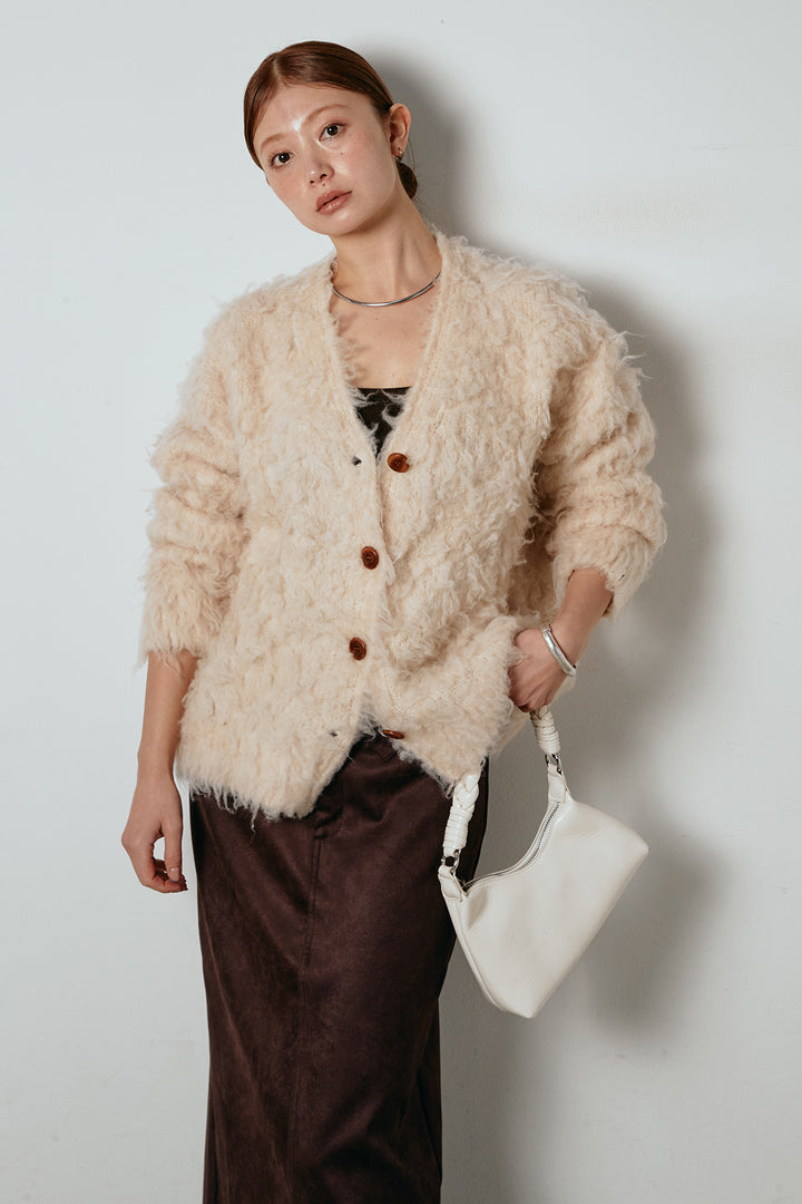 [SET]ルーズシャギーニットカーディガン+スウェードライク裾フリンジスカート(2set)