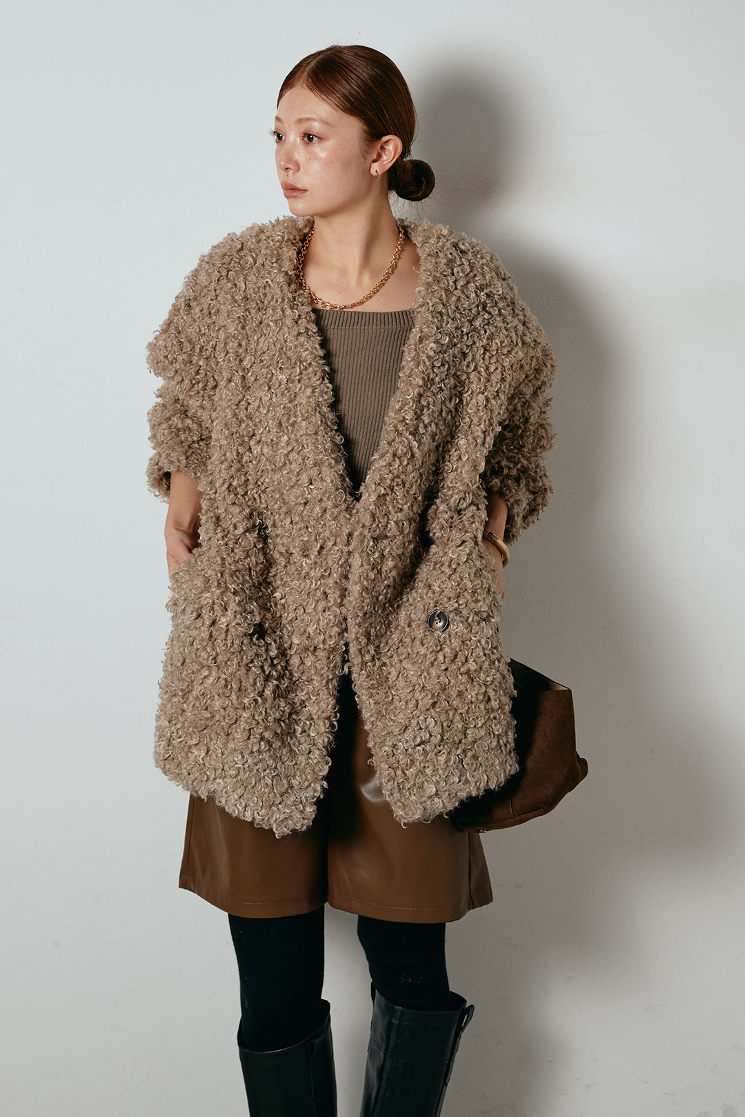 [SET]シープライクファージャケット+ストレッチエコレザーバミューダパンツ(2set)