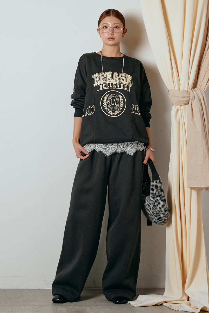 [SET]裏毛カレッジプリントプルオーバー+裏起毛スウェットワイドパンツ+カップ付きレースドッキングキャミソール(3set)