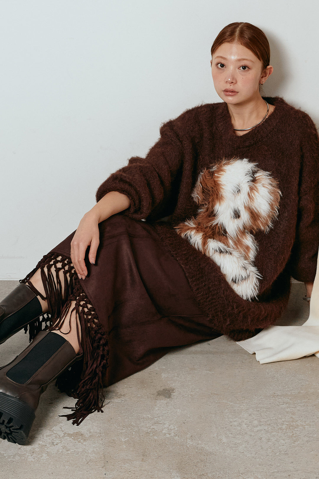 [SET]シャギーニュアンスアニマルニット+スウェードライク裾フリンジスカート(2set)