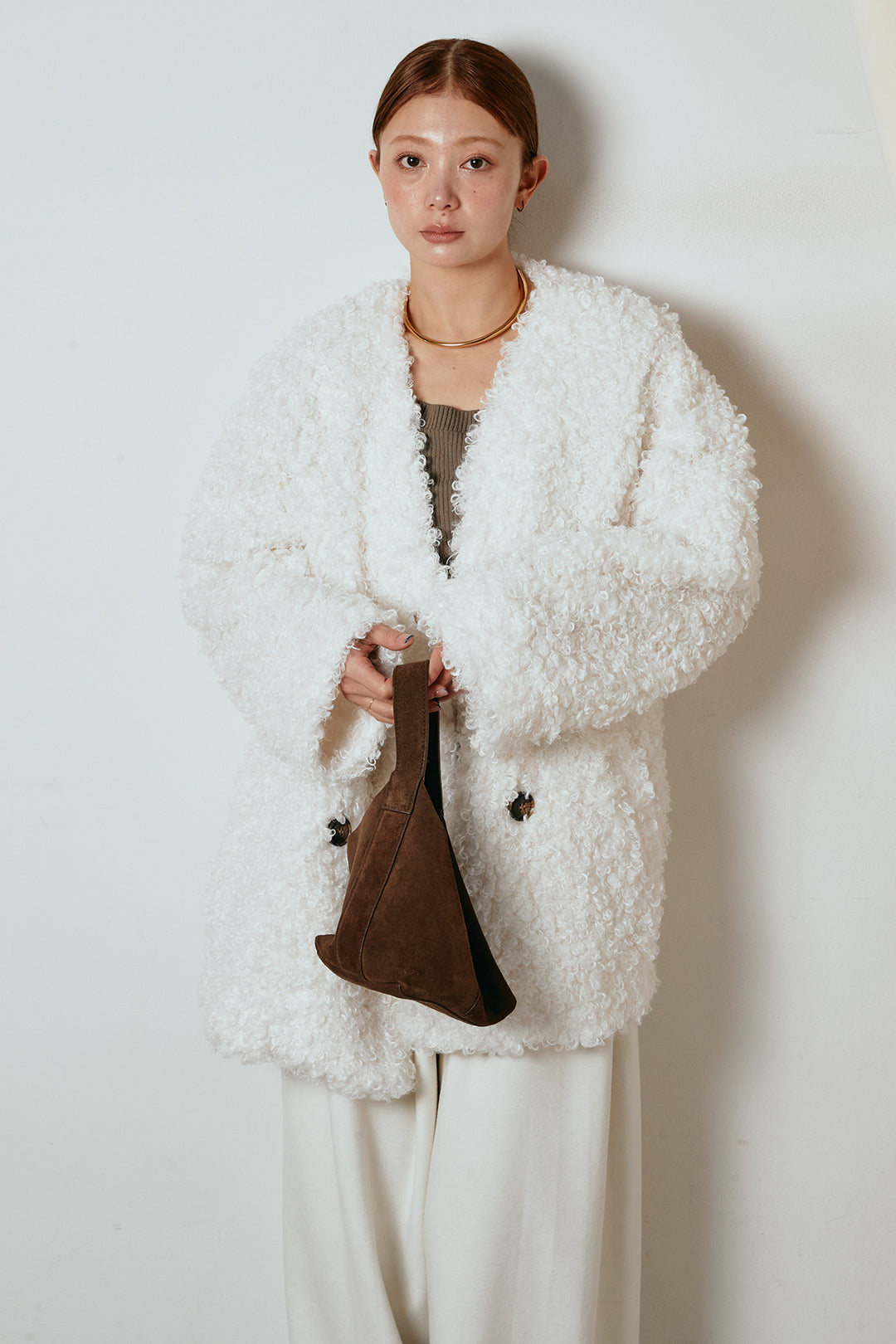 [SET]シープライクファージャケット+フェイクレザー太ベルト付きタックワイドパンツ(2set)