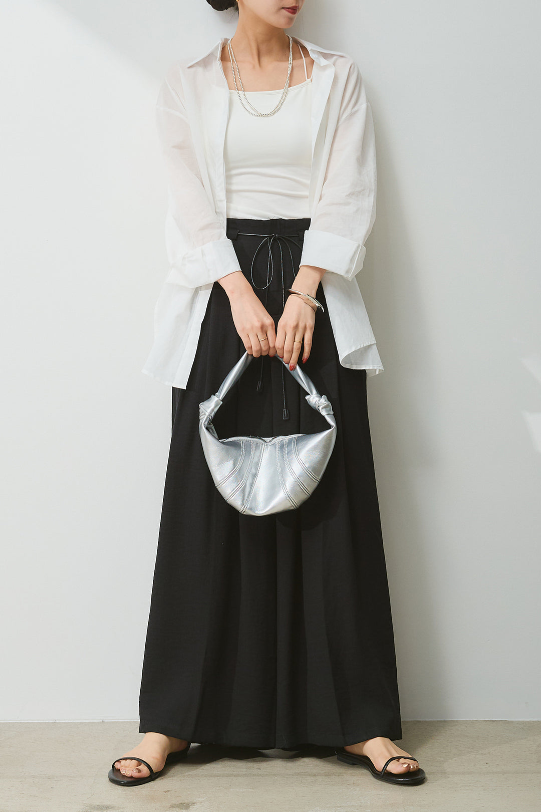 [SET]バックオープンオーバーシャツ+レザーベルト付きフレアワイドパンツ(2set)