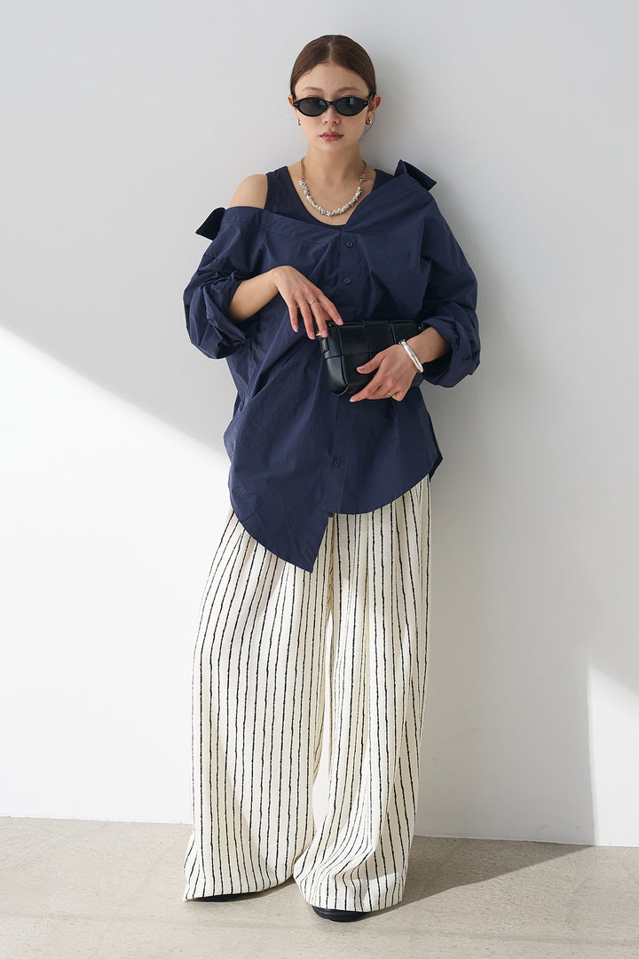 [SET]タンク付きアシメシャツ+レザーベルト付きストライプパンツ(2set)