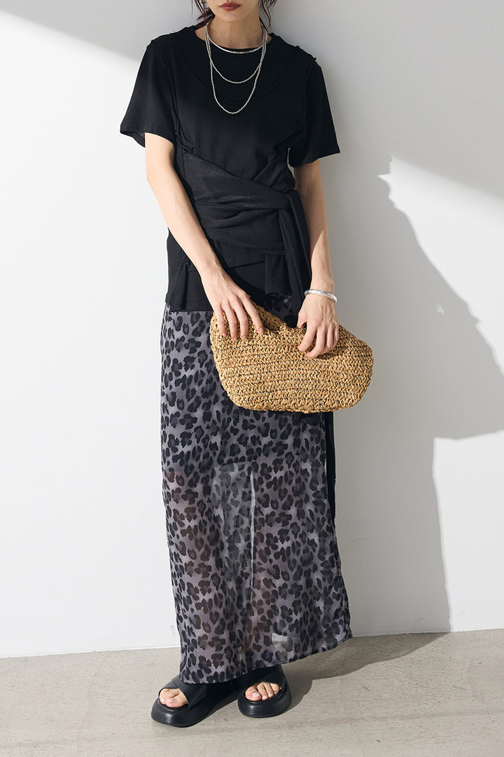 [SET]フロントタイTシャツ+レオパード柄ストレートスカート(2set)