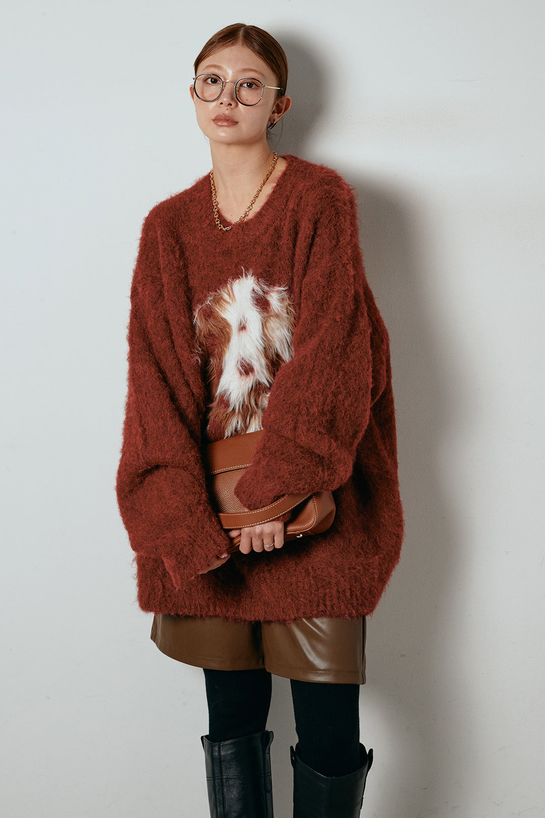 [SET]シャギーニュアンスアニマルニット+ストレッチエコレザーバミューダパンツ(2set)