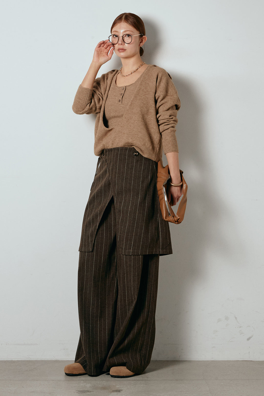 [SET]襟付きレイヤードニットトップス+細ストライプレイヤードデザインパンツ(2set)