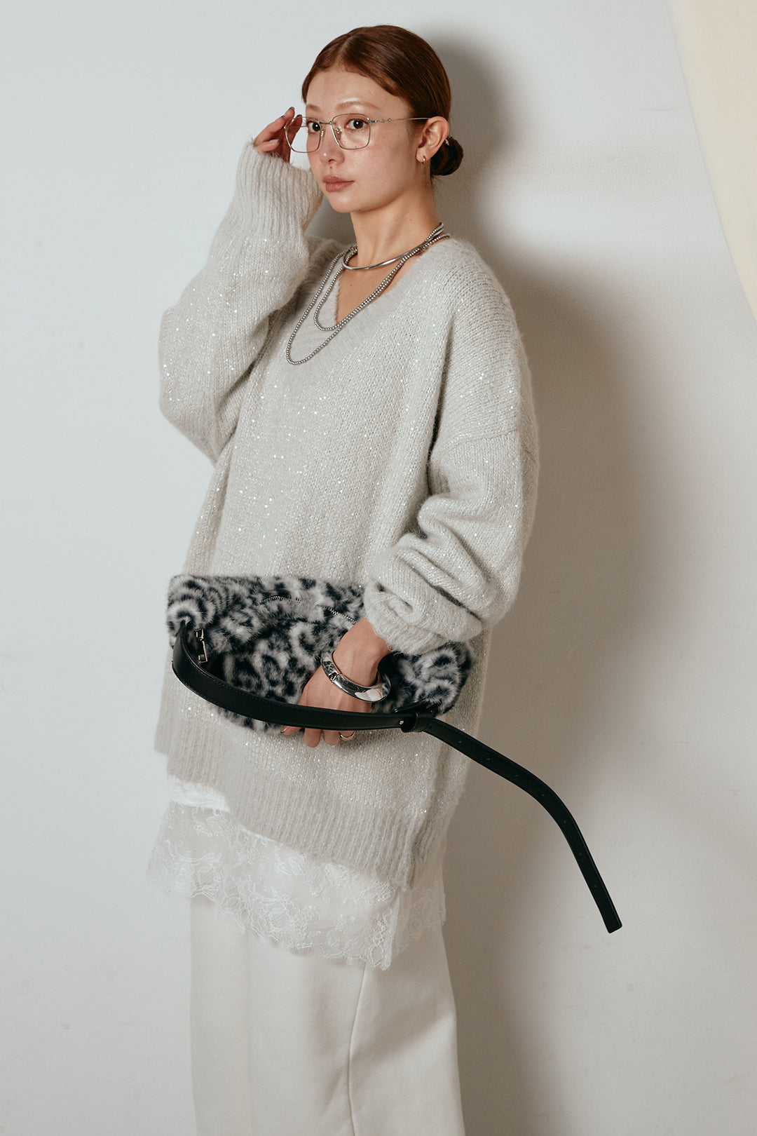 [SET]Vネックルーズラメニットトップス+裏起毛スウェットワイドパンツ(2set)