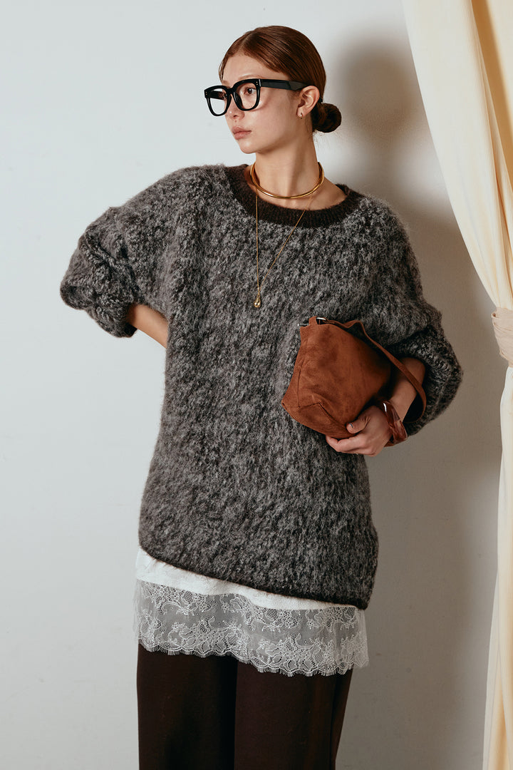 [SET]ボリュームスリーブミックスニットトップス+裏起毛スウェットワイドパンツ(2set)