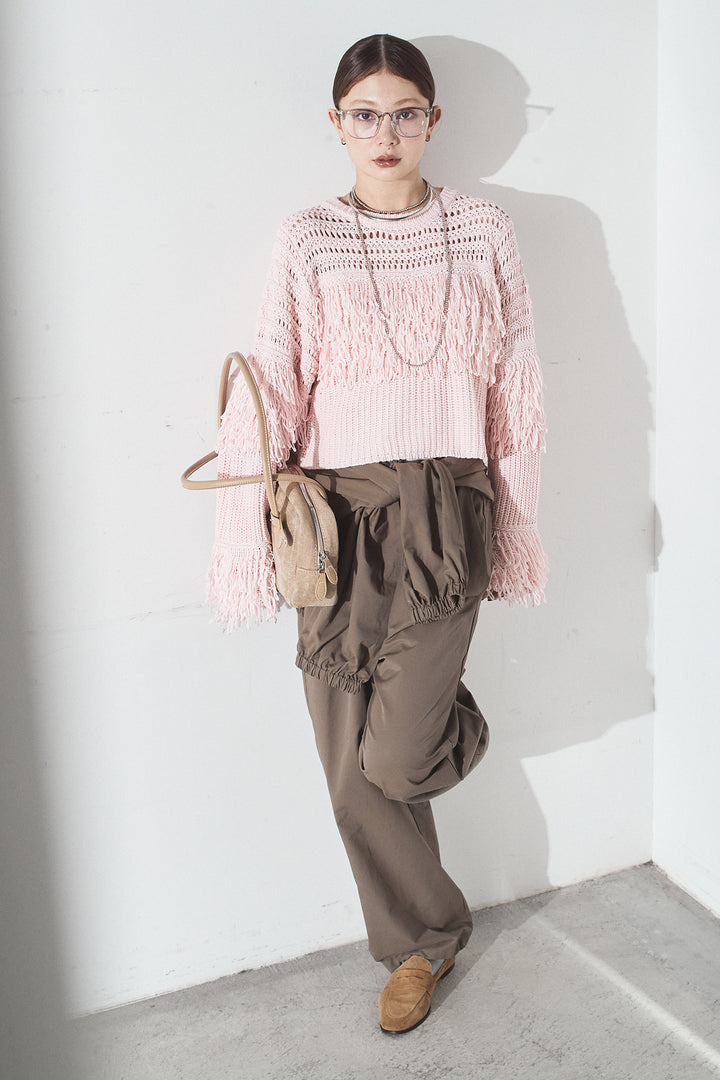 [SET]メッシュフリンジ切り替えプルオーバー+合繊ツイルスタンドウエスト巻きジョガーパンツ(2set)