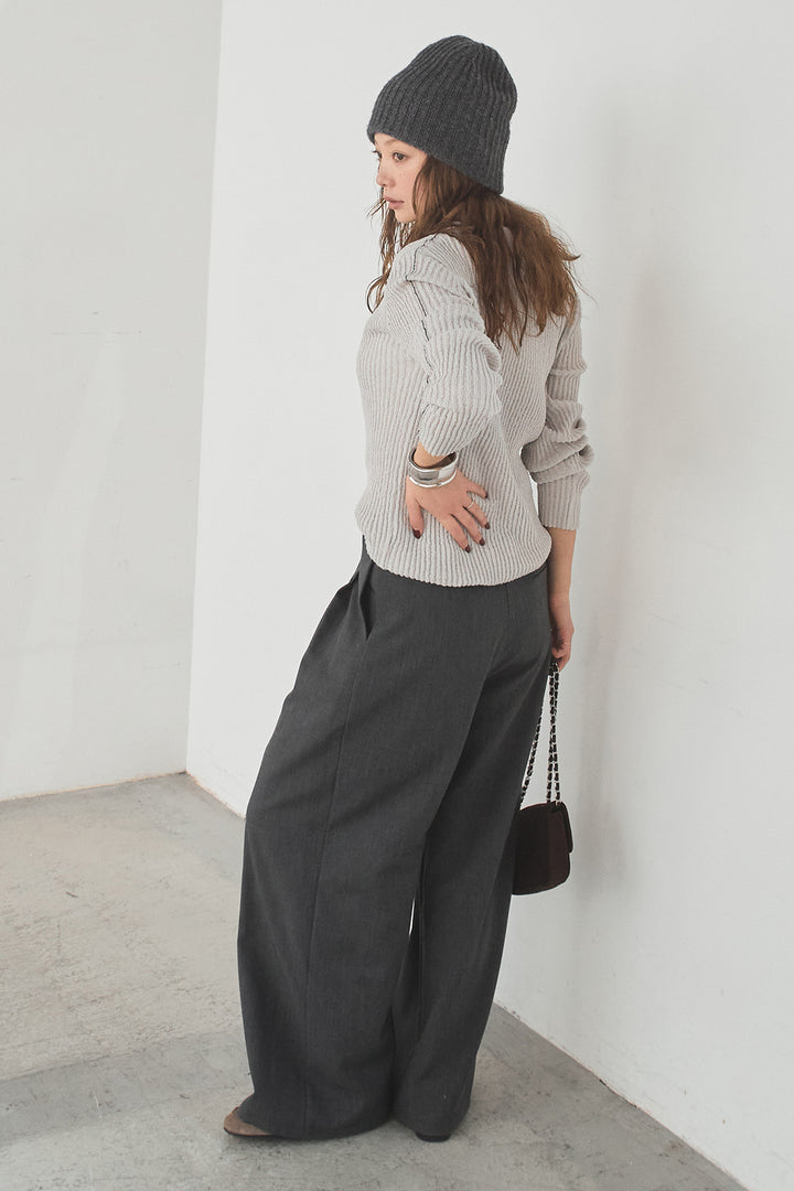 [SET]衿付きニットプルオーバー+サイドベルトタック入りスラックス(2set)