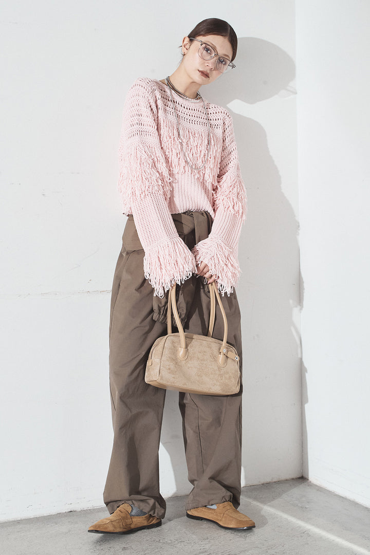 [SET]メッシュフリンジ切り替えプルオーバー+合繊ツイルスタンドウエスト巻きジョガーパンツ(2set)