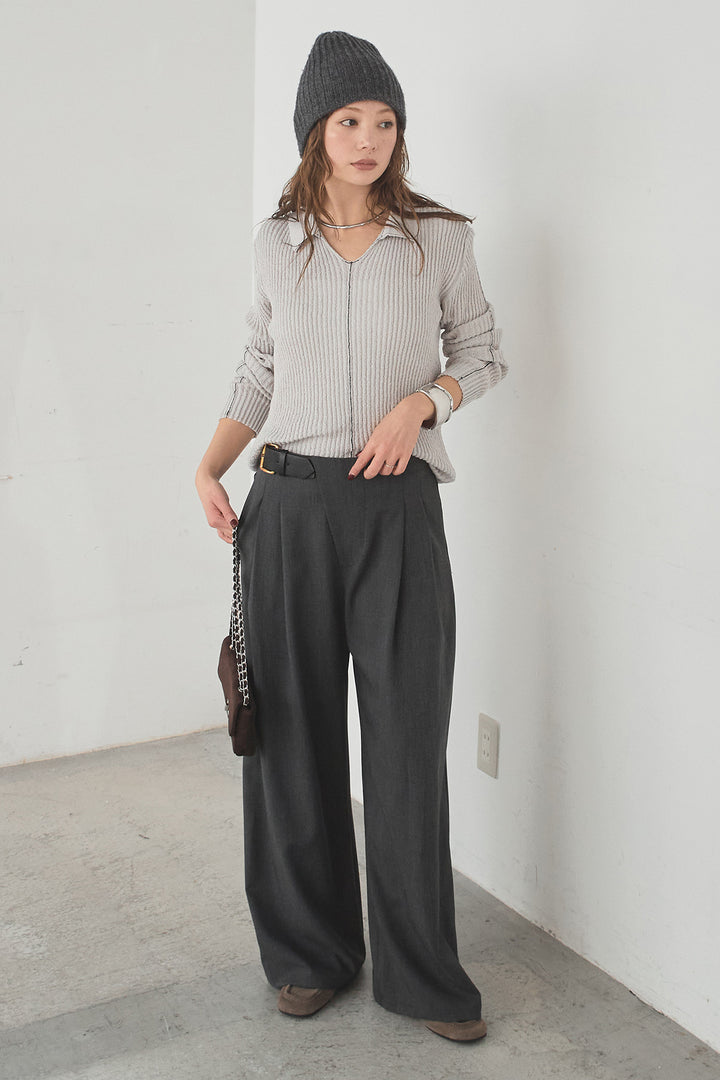 [SET]衿付きニットプルオーバー+サイドベルトタック入りスラックス(2set)