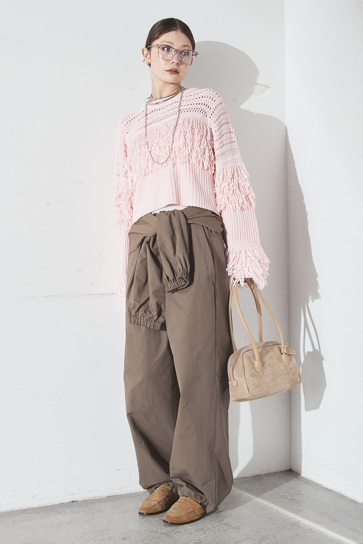 [SET]メッシュフリンジ切り替えプルオーバー+合繊ツイルスタンドウエスト巻きジョガーパンツ(2set)