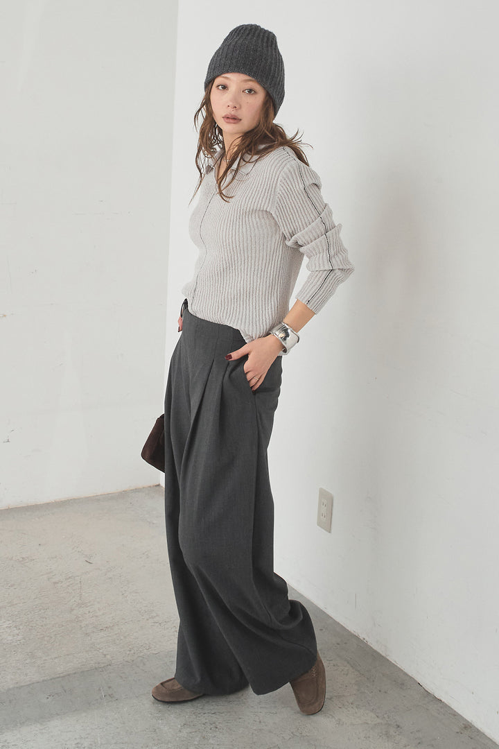 [SET]衿付きニットプルオーバー+サイドベルトタック入りスラックス(2set)