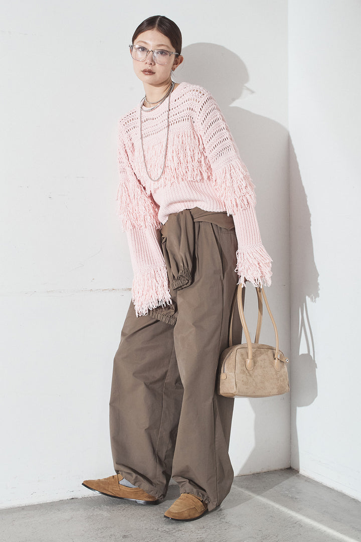 [SET]メッシュフリンジ切り替えプルオーバー+合繊ツイルスタンドウエスト巻きジョガーパンツ(2set)
