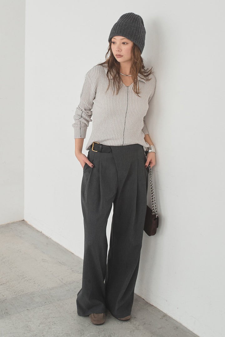 [SET]衿付きニットプルオーバー+サイドベルトタック入りスラックス(2set)