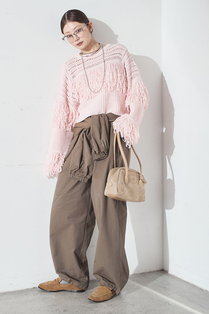 [SET]メッシュフリンジ切り替えプルオーバー+合繊ツイルスタンドウエスト巻きジョガーパンツ(2set)