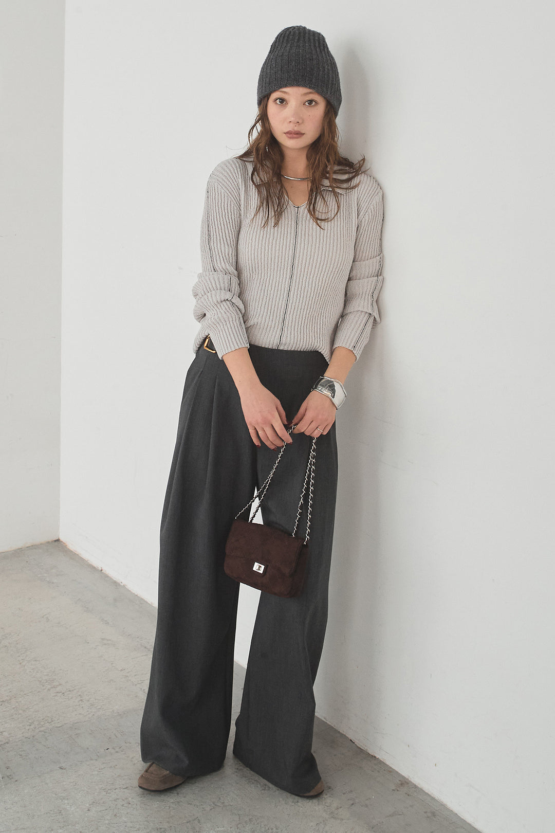 [SET]衿付きニットプルオーバー+サイドベルトタック入りスラックス(2set)