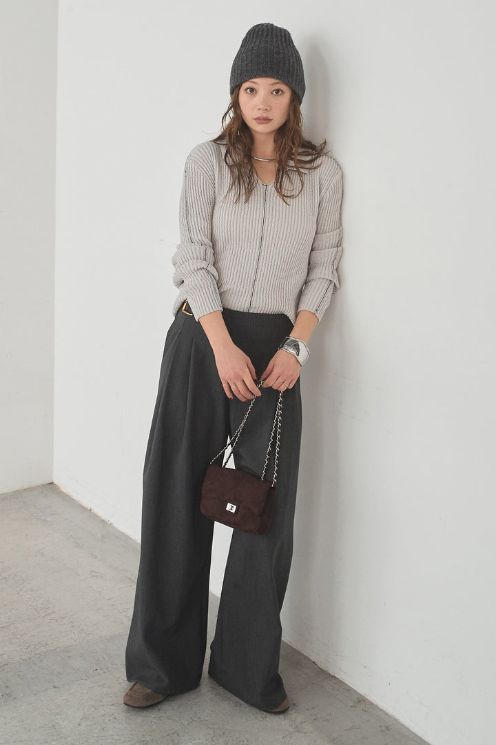 [SET]衿付きニットプルオーバー+サイドベルトタック入りスラックス(2set)