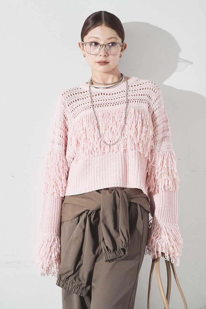 [SET]メッシュフリンジ切り替えプルオーバー+合繊ツイルスタンドウエスト巻きジョガーパンツ(2set)