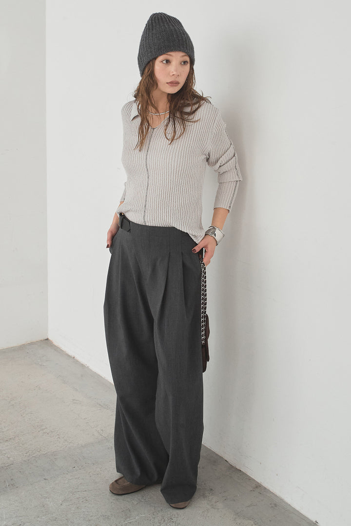 [SET]衿付きニットプルオーバー+サイドベルトタック入りスラックス(2set)