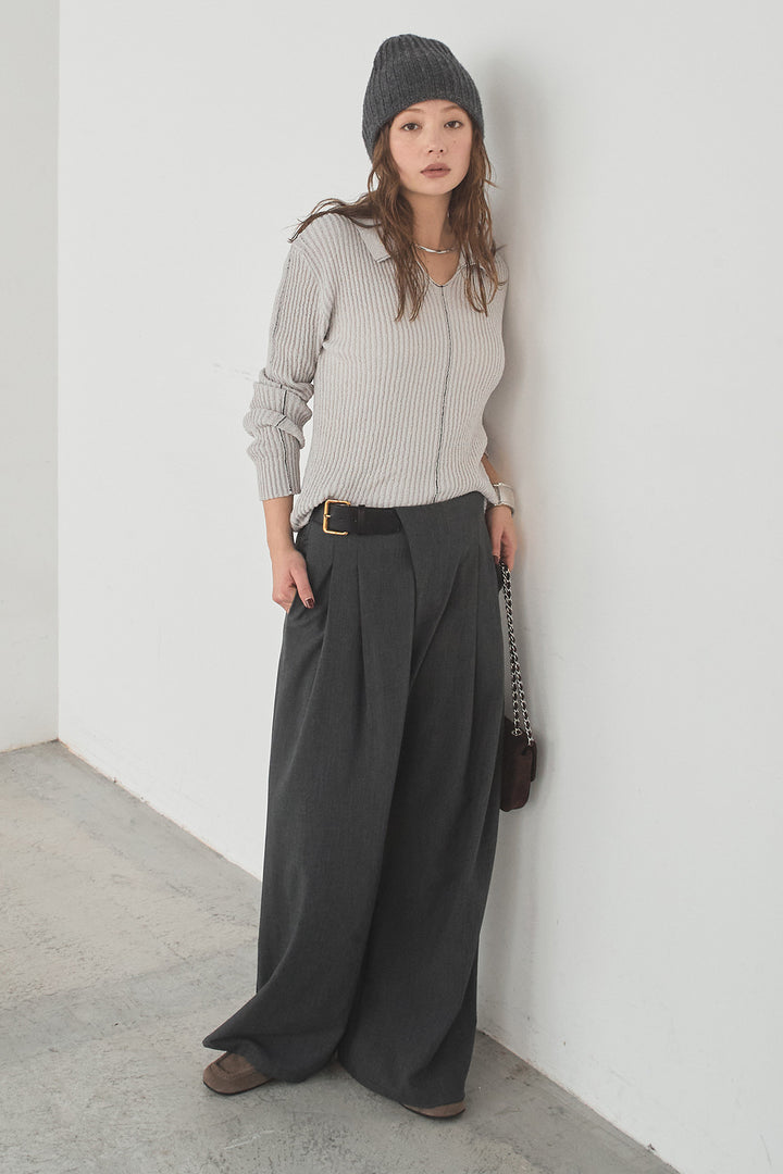 [SET]衿付きニットプルオーバー+サイドベルトタック入りスラックス(2set)