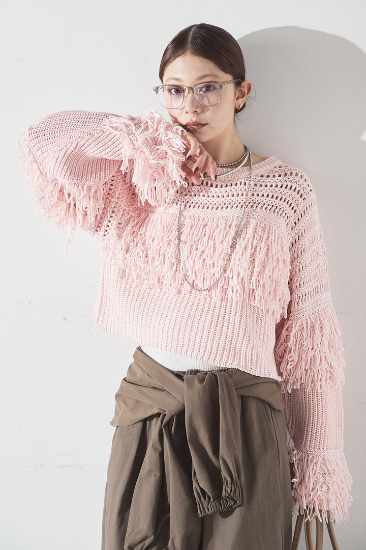 [SET]メッシュフリンジ切り替えプルオーバー+合繊ツイルスタンドウエスト巻きジョガーパンツ(2set)