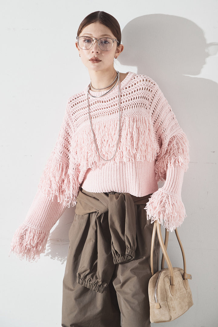 [SET]メッシュフリンジ切り替えプルオーバー+合繊ツイルスタンドウエスト巻きジョガーパンツ(2set)