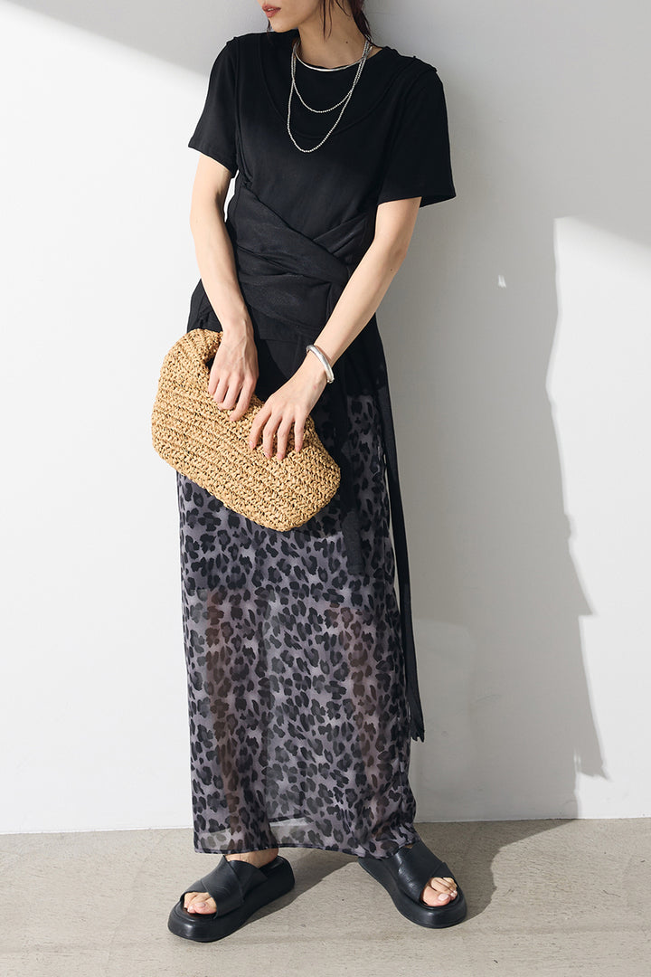 [SET]フロントタイTシャツ+レオパード柄ストレートスカート(2set)