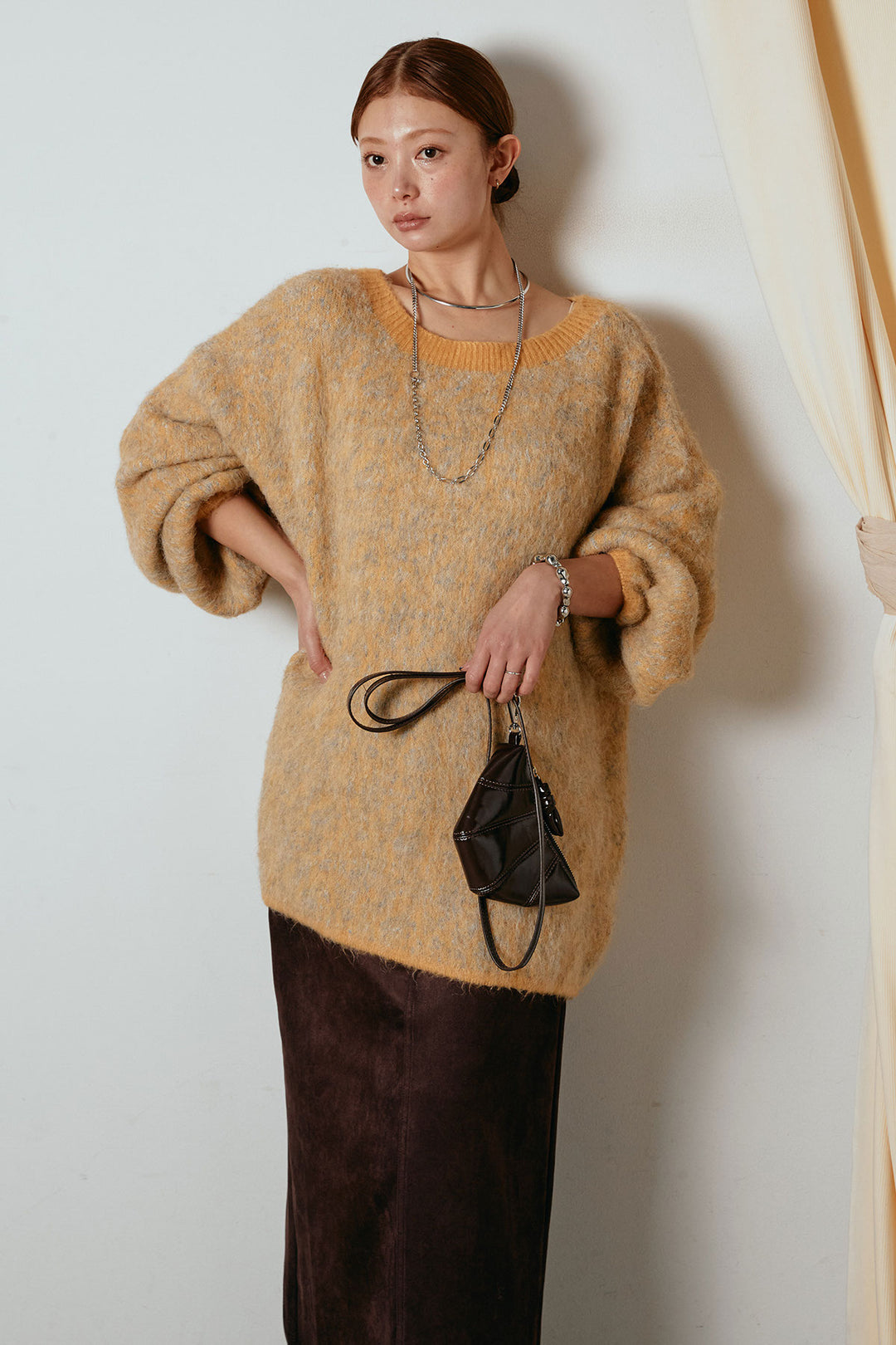 [SET]ボリュームスリーブミックスニットトップス+スウェードライク裾フリンジスカート(2set)