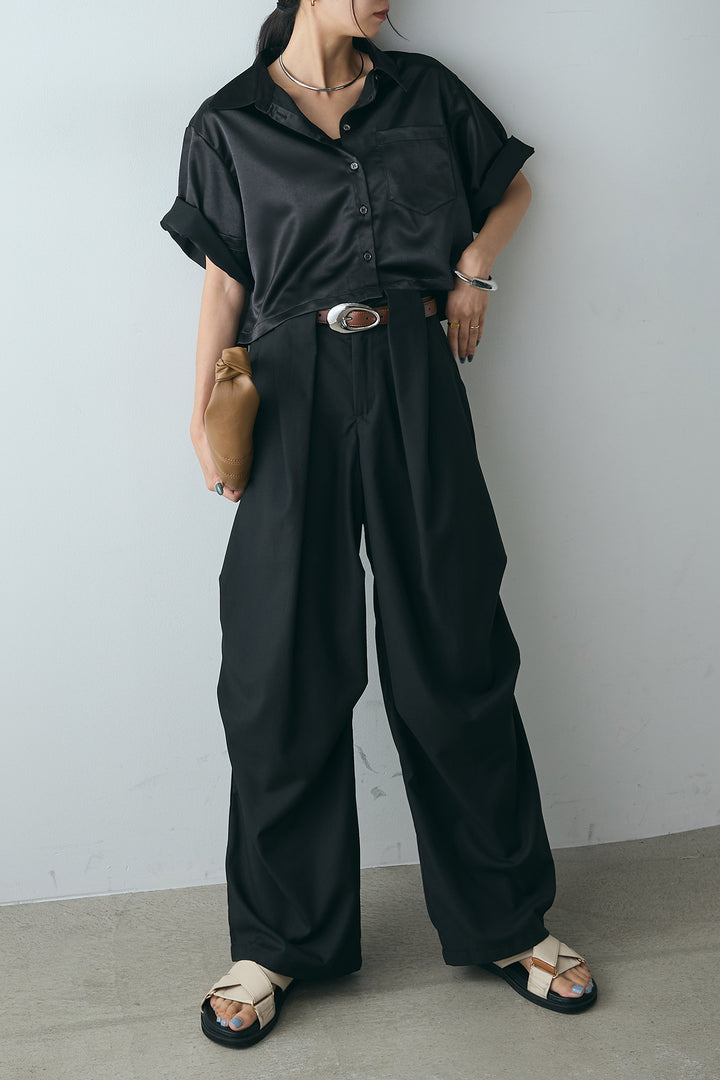 [SET]サテンクロップドシャツ+デザインタックパンツ(2set)