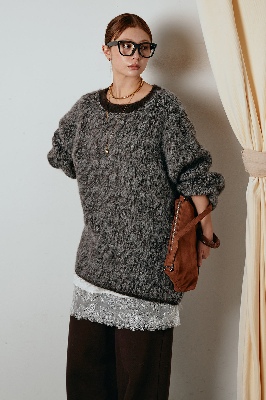 [SET]ボリュームスリーブミックスニットトップス+裏起毛スウェットワイドパンツ+レース切り替えキャミソール(3set)