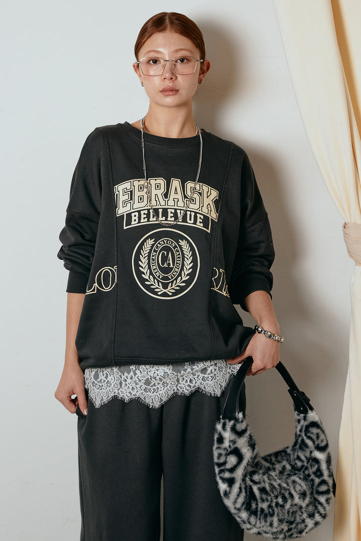 [SET]裏毛カレッジプリントプルオーバー+裏起毛スウェットワイドパンツ+カップ付きレースドッキングキャミソール(3set)