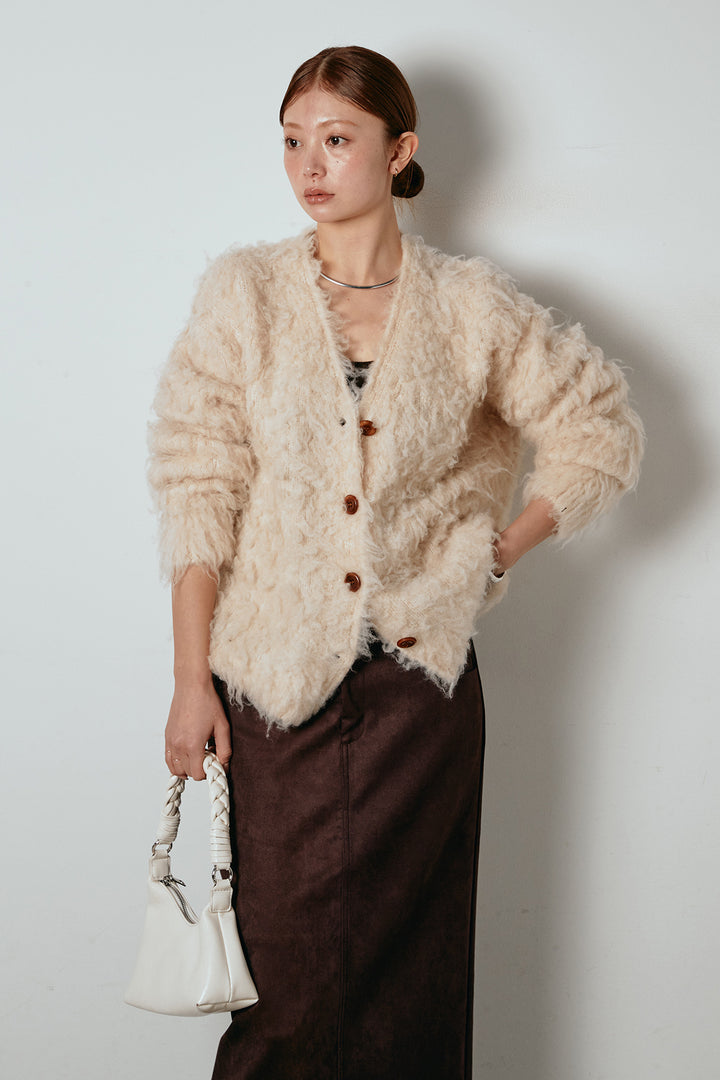 [SET]ルーズシャギーニットカーディガン+スウェードライク裾フリンジスカート(2set)