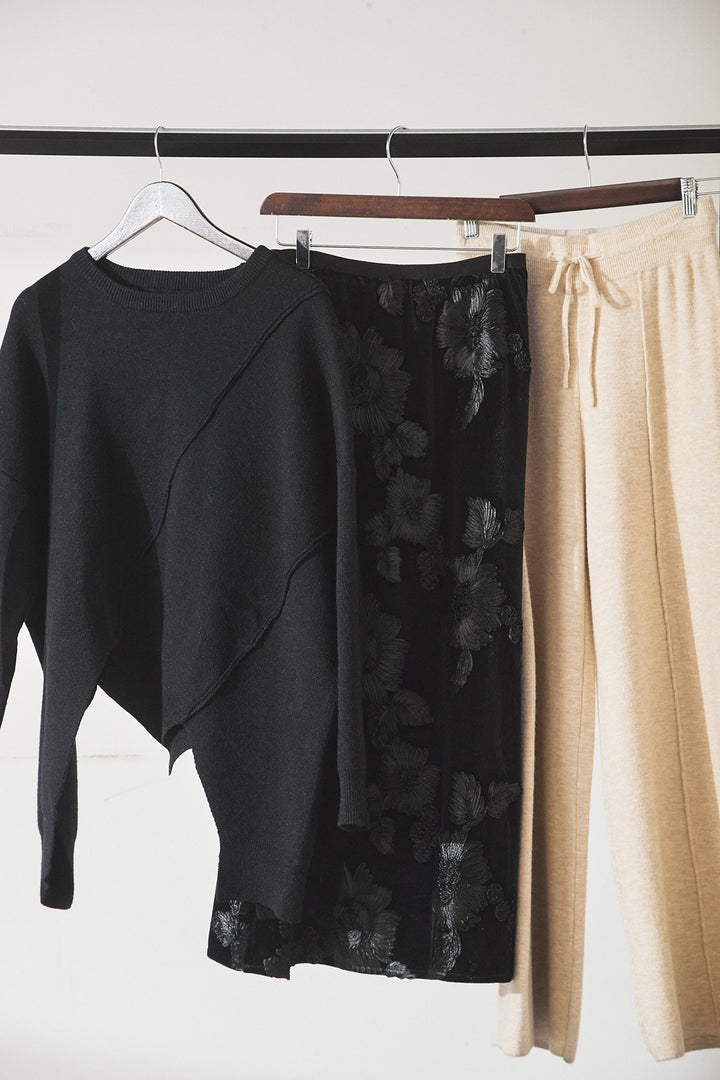 【着回しセット】[SET]アシンメトリーデザインニットトップス+センターラインニットパンツ+フラワー刺繍ワイドスカート(3set)