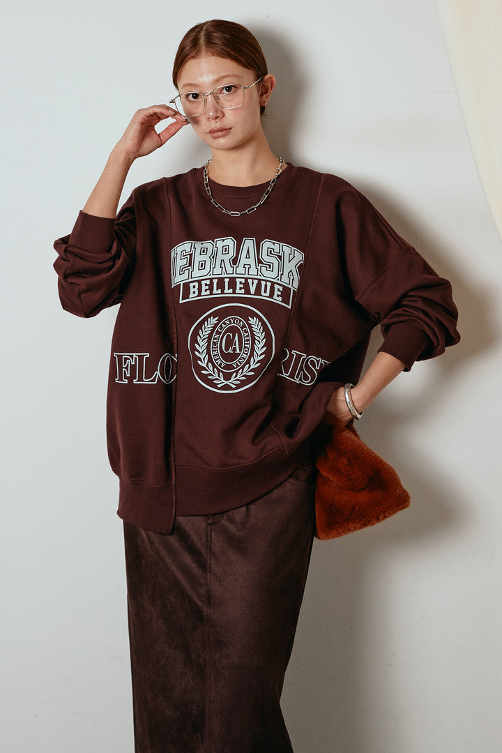 [SET]裏毛カレッジプリントプルオーバー+スウェードライク裾フリンジスカート(2set)