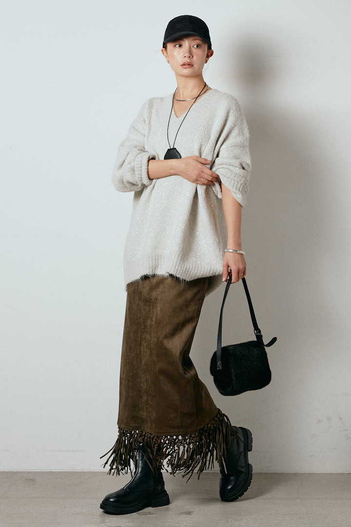 [SET]Vネックルーズラメニットトップス+スウェードライク裾フリンジスカート(2set)