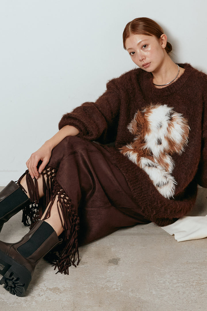 [SET]シャギーニュアンスアニマルニット+スウェードライク裾フリンジスカート(2set)