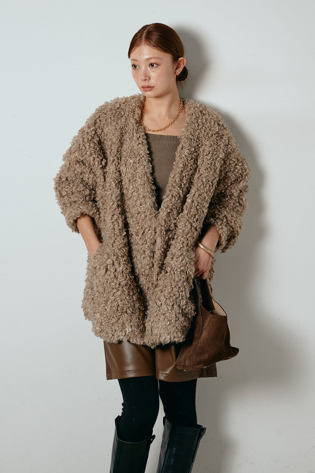 [SET]シープライクファージャケット+ストレッチエコレザーバミューダパンツ(2set)