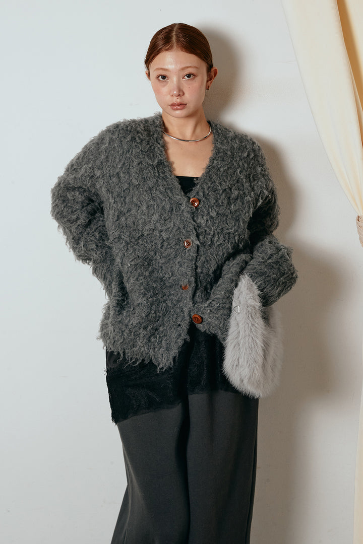 [SET]ルーズシャギーニットカーディガン+裏起毛スウェットワイドパンツ+レース切り替えキャミソール(3set)