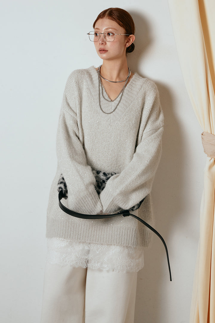 [SET]Vネックルーズラメニットトップス+レース切り替えキャミソール(2set)