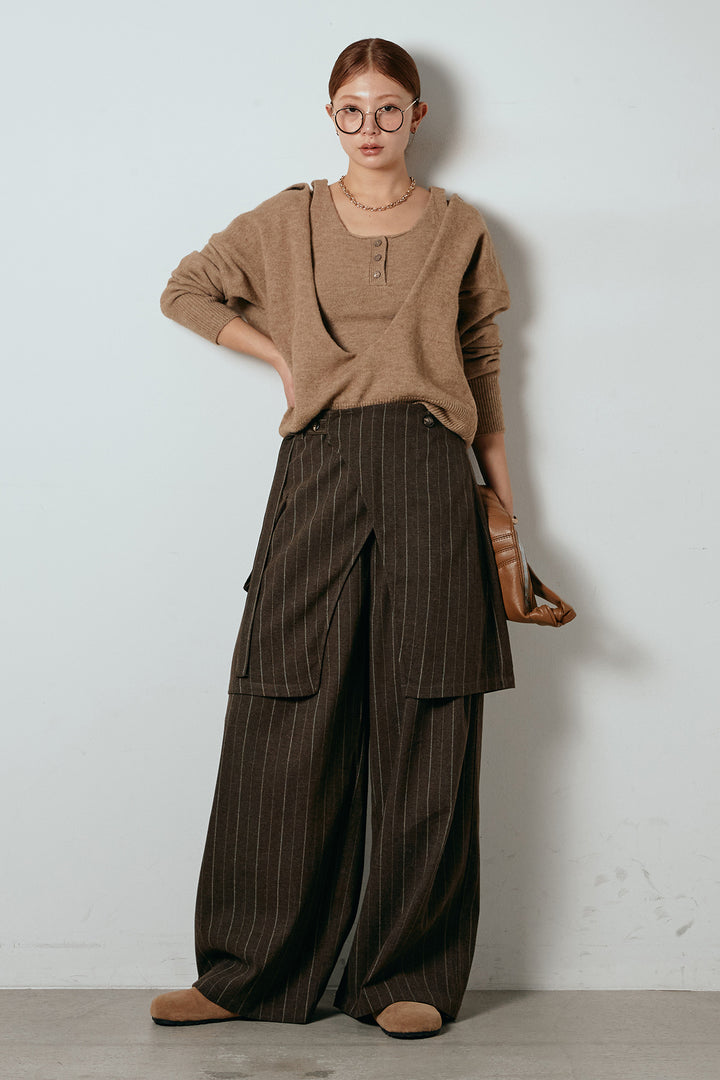 [SET]襟付きレイヤードニットトップス+細ストライプレイヤードデザインパンツ(2set)