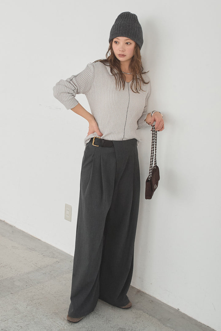 [SET]衿付きニットプルオーバー+サイドベルトタック入りスラックス(2set)